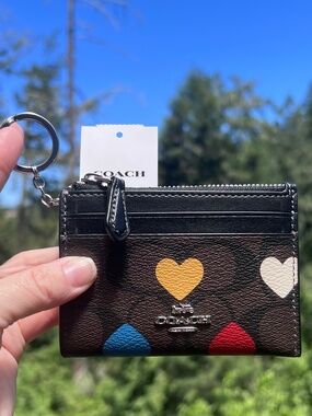 COACH Mini Skinny ID Case Key Chain Wallet Brown Signature Heart Print NWT